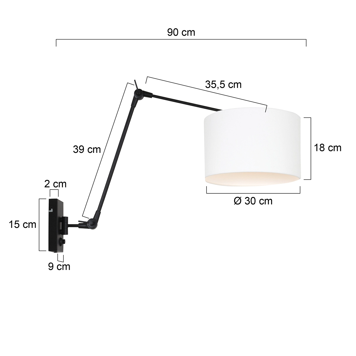 Lampe de lecture murale Prestige Chic noir avec abat-jour en lin blanc de 30 cm Steinhauer 8712746145908