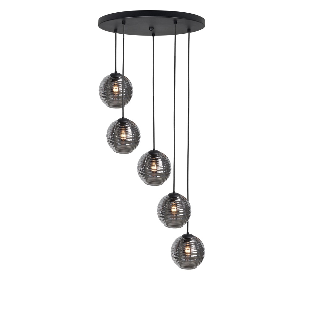 Suspension 5 lumières Fantasy noir avec verre nervuré Suspension 5 lumières Fantasy noir avec verre nervuré
