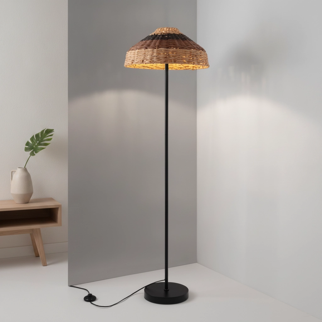 Lampadaire Caro noir et rotin