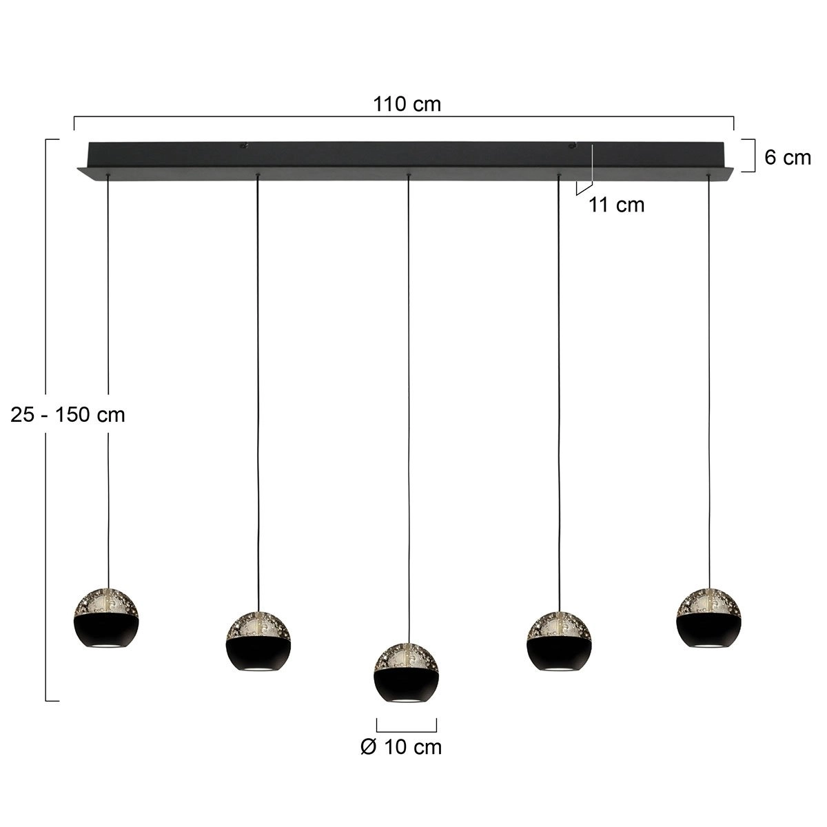 Lampe pendante de table à manger à 5 lumières Belluno LED - Noir avec verre Steinhauer 8712746183900