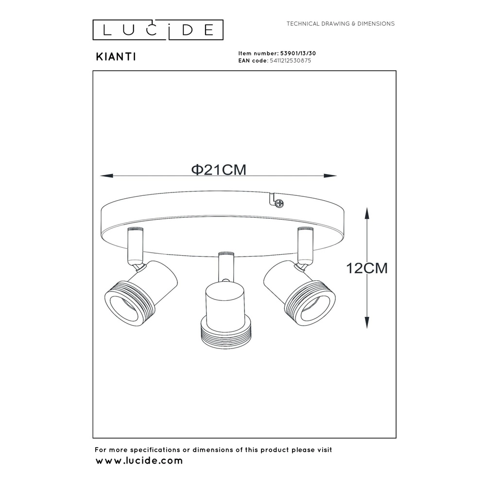 Projecteur de plafond Kianti Noir à 3 lumières Lucide 5411212530875
