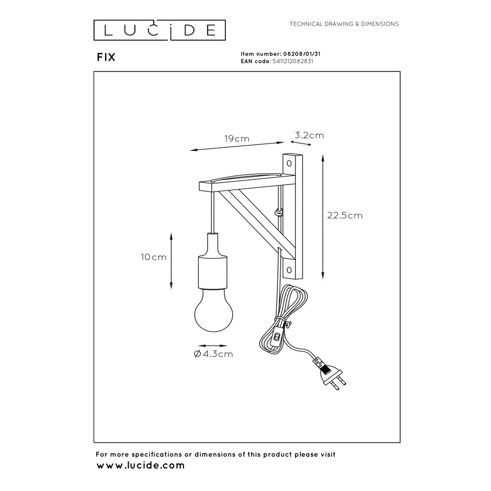 Lampe murale en bois Fix avec un cordon blanc Lucide 5411212082831