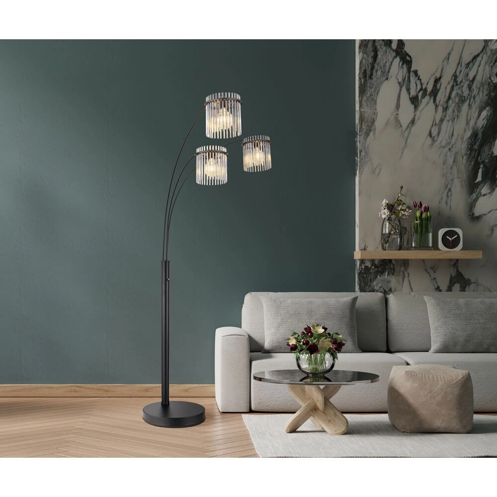 Lampadaire noir Gorley avec verre fumé 3 lumières Globo 9007371478019