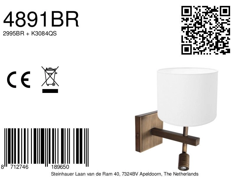Lampe murale Stang avec capuche blanche Steinhauer 8712746189650