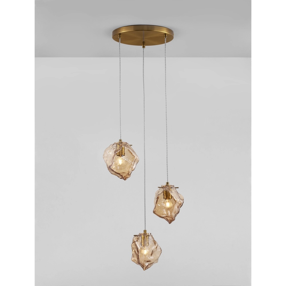 Suspension Odelle Or 3 lumières avec verre ambré