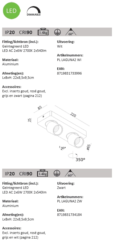 Spot LED double Laguna 2 lumières blanc Artdelight 8719831733996
