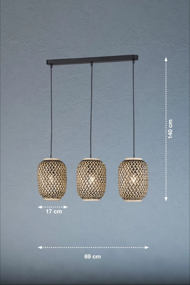 Lampe suspendue 3 lumières en rotin Hummel Fischer & Honsel 4003694607063
