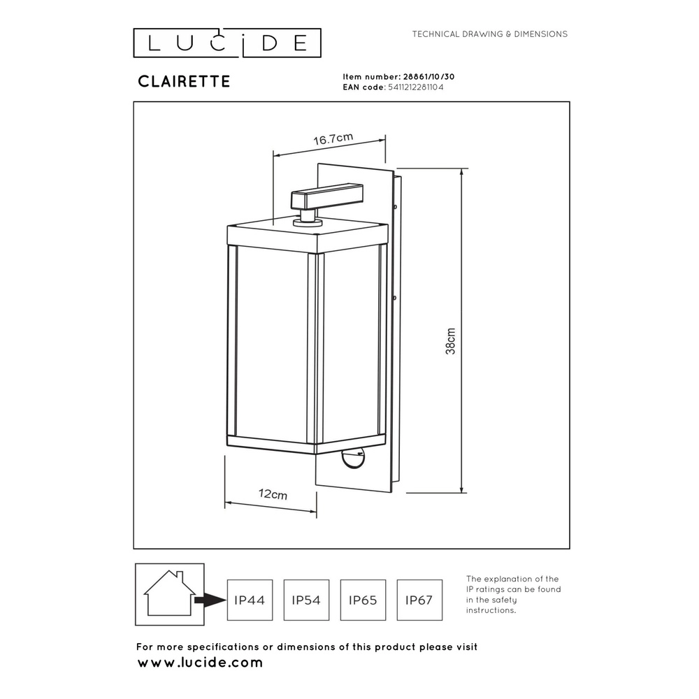 Lampe murale de conception Clairette anthracite avec capteur de mouvement Lucide 5411212281104