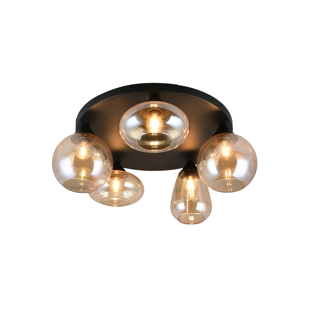 Plafonnier 5 lumières Lumina noir avec verre ambré Plafonnier 5 lumières Lumina noir avec verre ambré