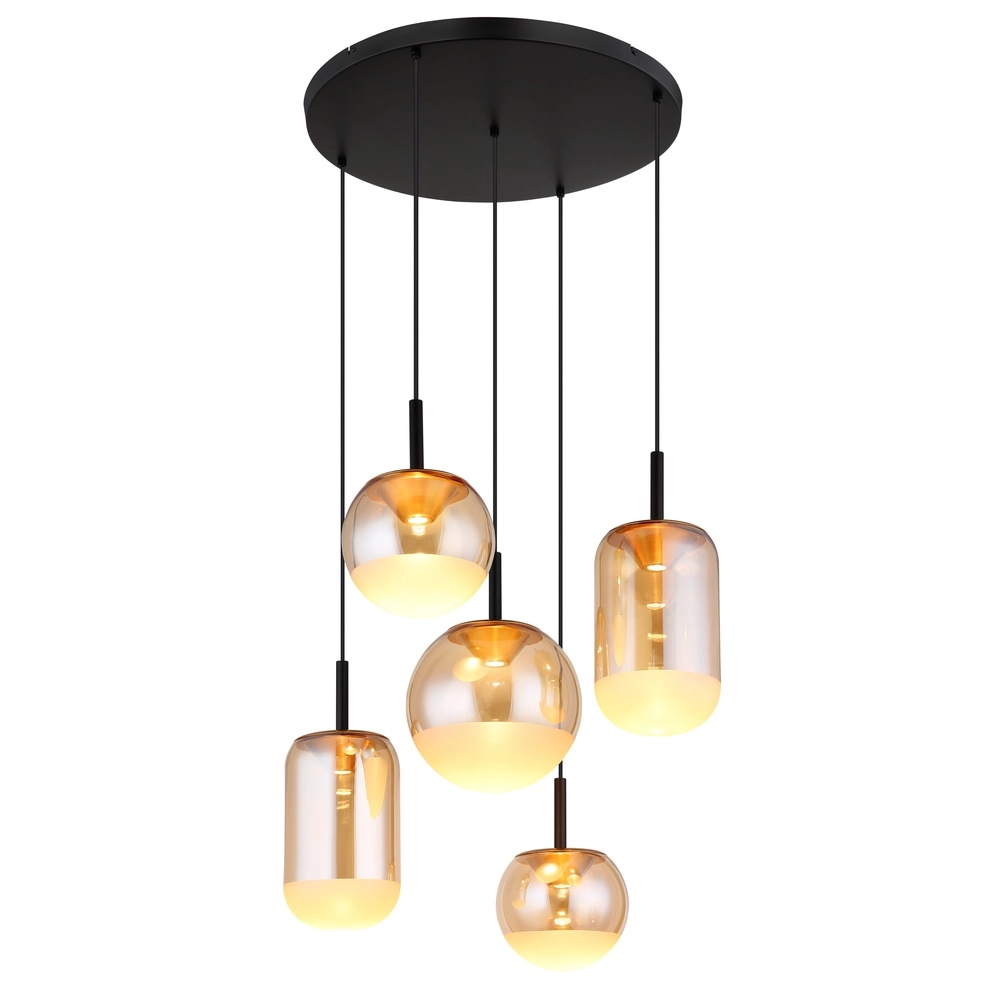 Lampe pendante de conception Severin Noir 5 clairs avec verre ambré