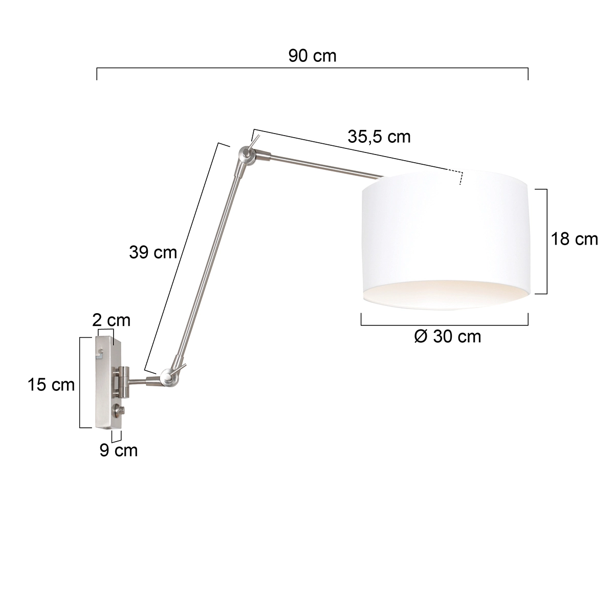 Lampe de lecture murale Prestige Chic Acier inoxydable avec abat-jour blanc uni de 30 cm Steinhauer 8712746145762