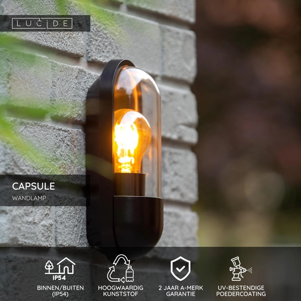 Lampe murale Capsule IP54 noir Lucide 5411212290458