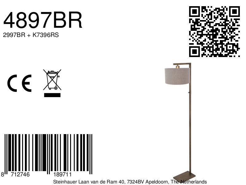 Lampe sur pied en bronze Stang avec capuche grise Steinhauer 8712746189711