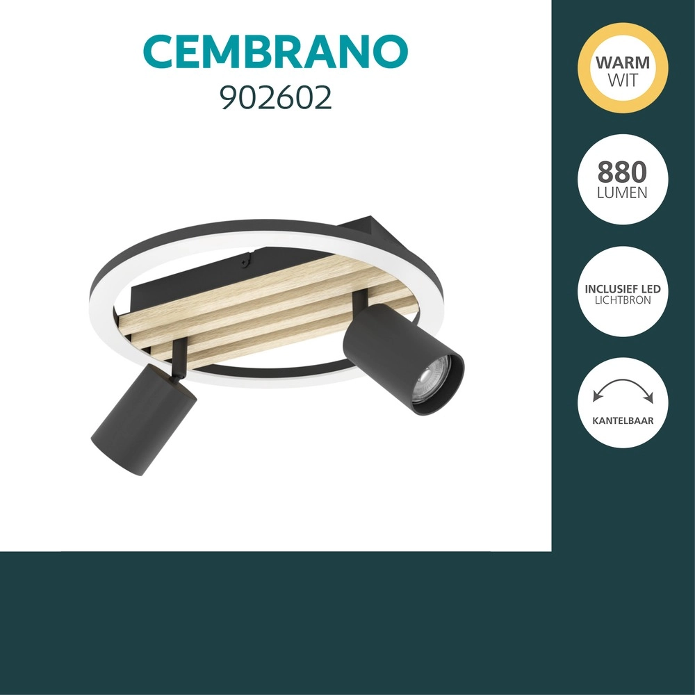 Lampe de plafond moderne Cembrano 2-noir clair avec bois Eglo 9008606388264