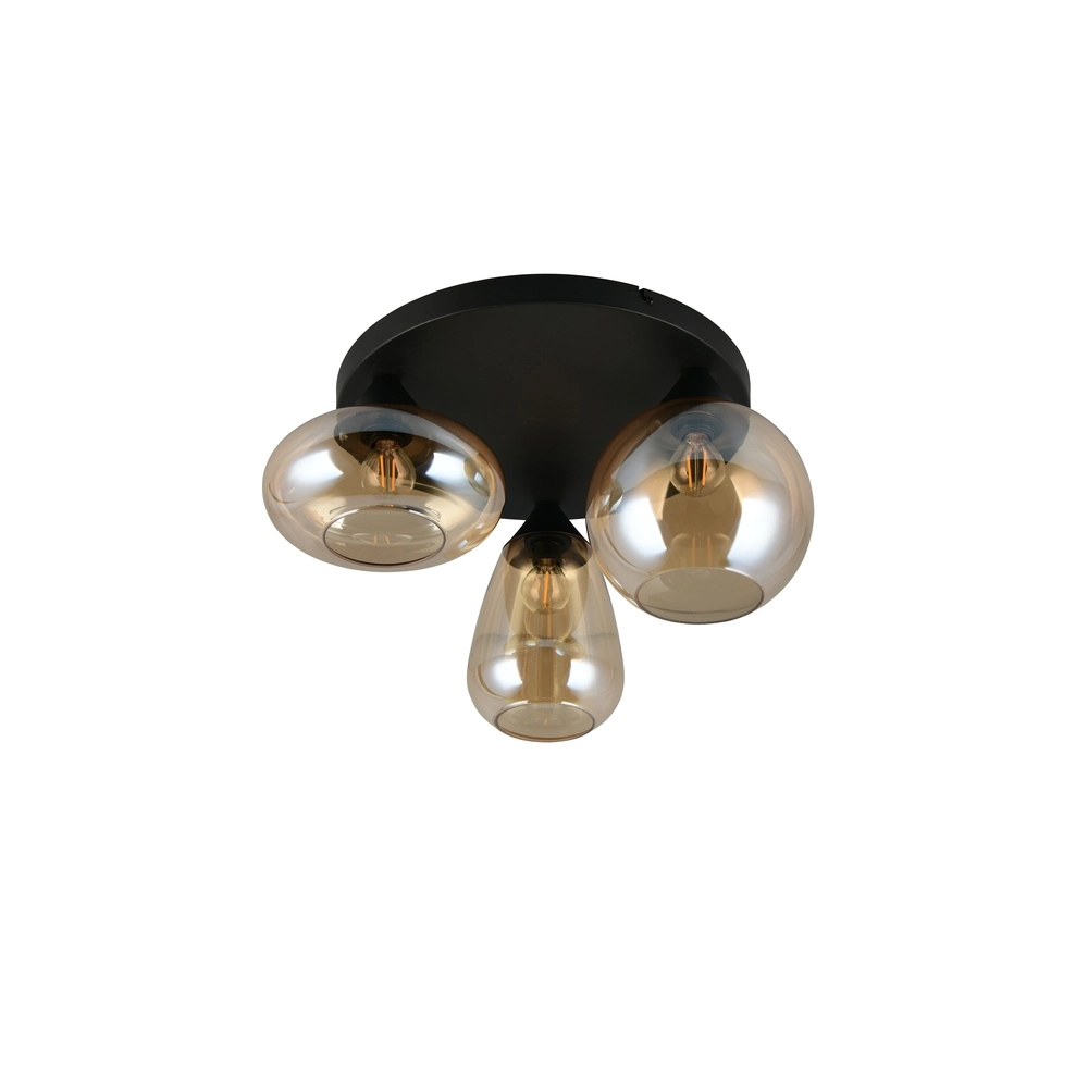 Plafonnier 3 lumières Lumina noir avec verre ambré Trio 4017807663150
