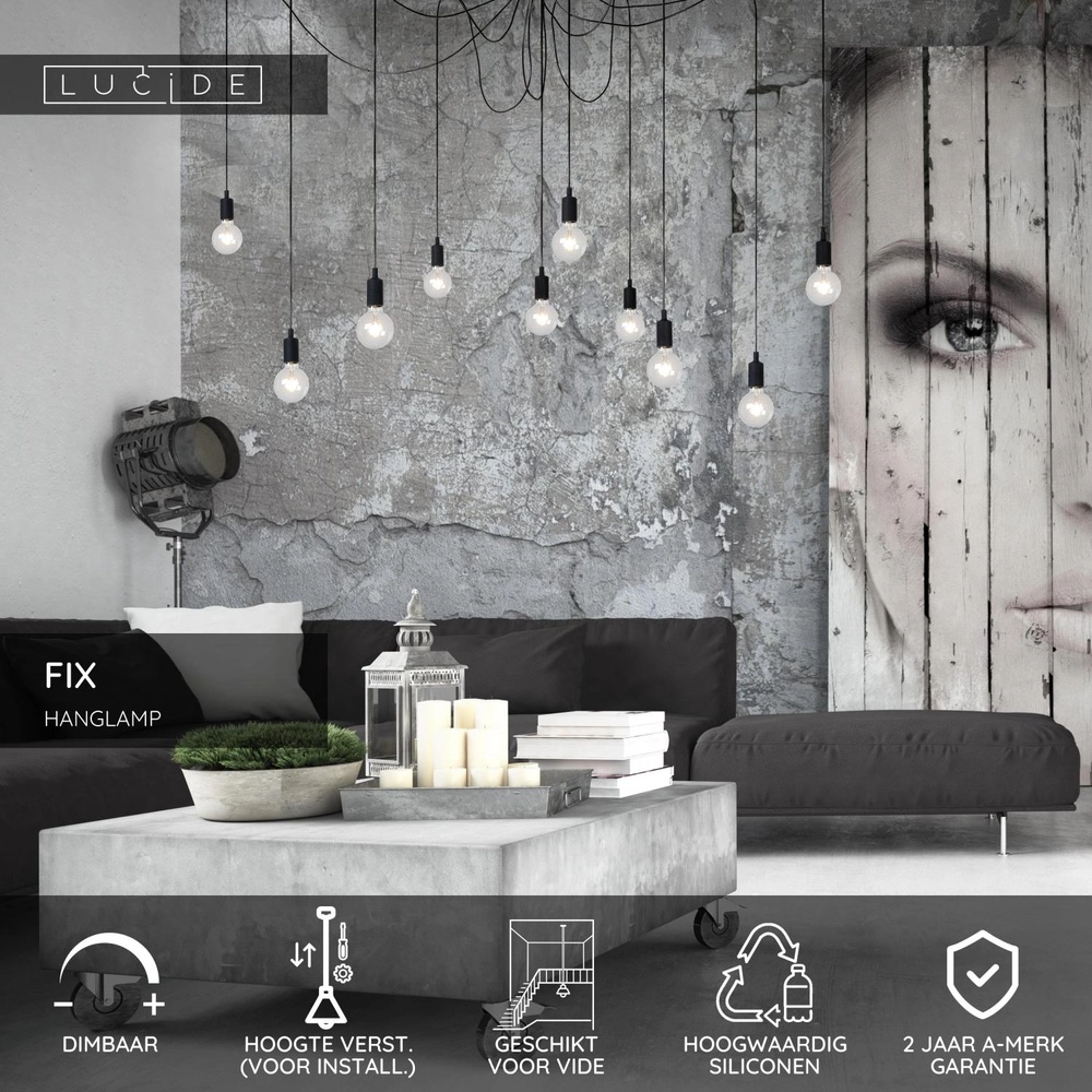 Lampe pendante à 10 lampes noires Fix Adapté pour un loft Lucide 5411212082718