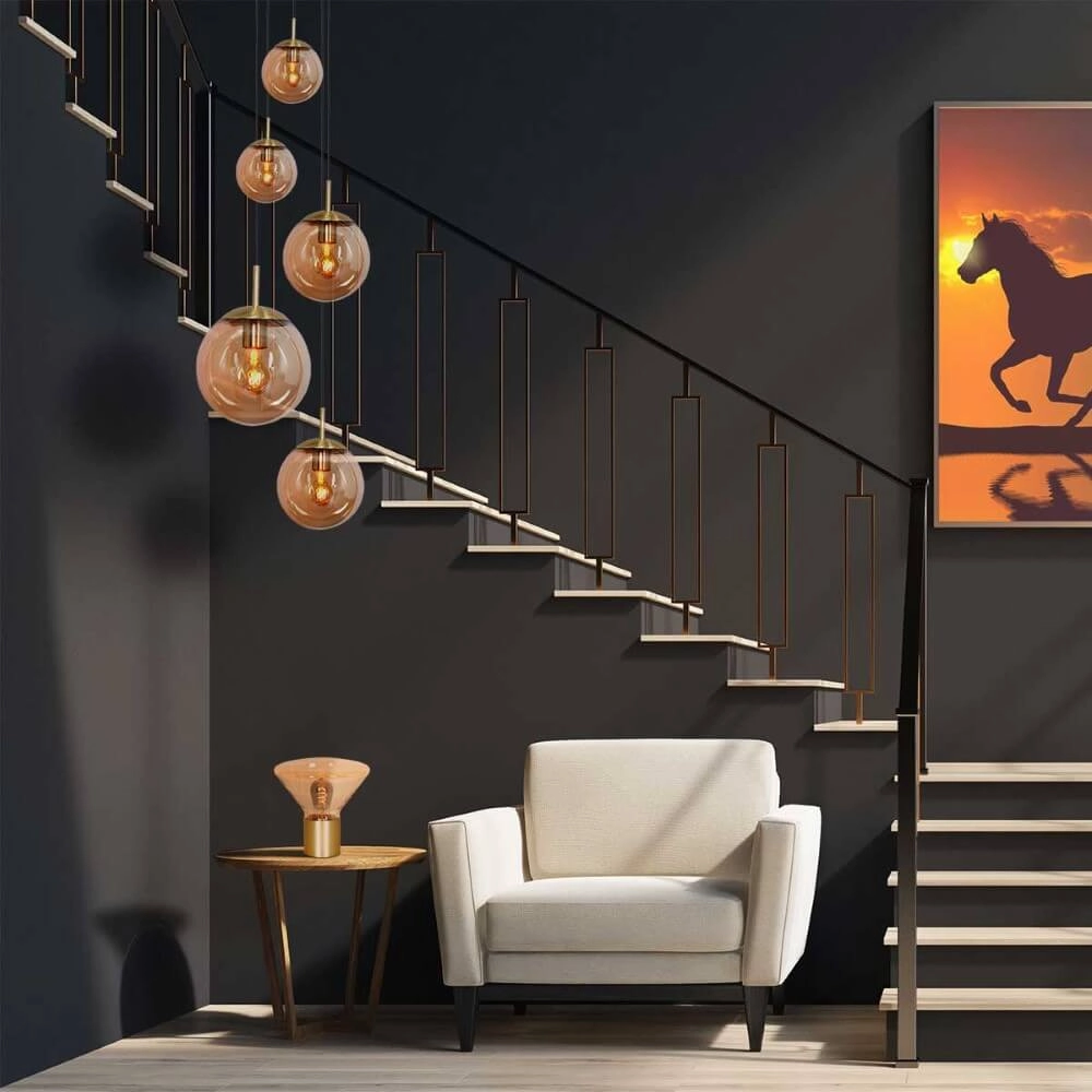 Lampe suspendue loft 5 lumières Bolique or avec verre ambré Steinhauer 8712746166439