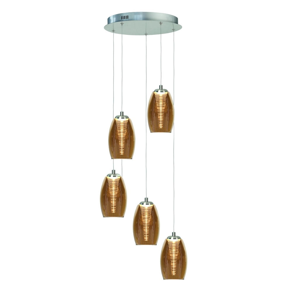 Suspension Nebula Verre rond nickel 5 lumières ambré Suspension Nebula Verre rond nickel 5 lumières ambré