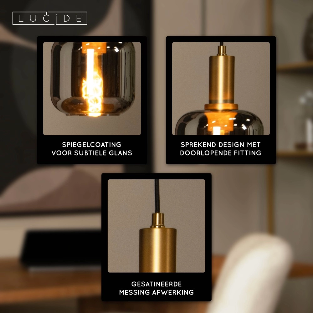 Lampe suspendue Joanet Ø 16 cm d’or avec verre fumé Lucide 5411212452641