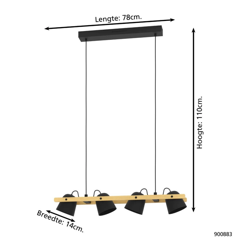 Lampe suspendue 4 lumières Hornwood-Z noir avec du bois Eglo 9008606274291