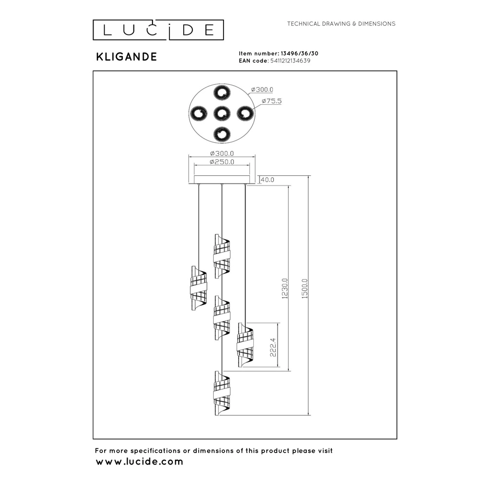 Lampe pendante de conception Kligande Projectile noire à 5 lumières Lucide 5411212134639