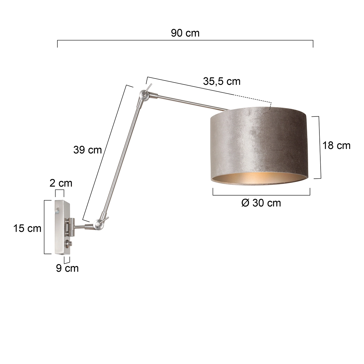 Lampe de lecture murale Prestige Chic Acier inoxydable avec abat-jour en velours taupe de 30 cm Steinhauer 8712746145809