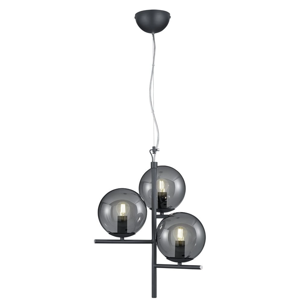 Lampe à suspension Pure 3 lumières noir avec verre fumé Trio 4017807433067