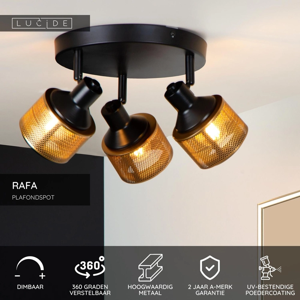 Lampe de plafond Rafa 3-noir clair avec cuivre Lucide 5411212771315