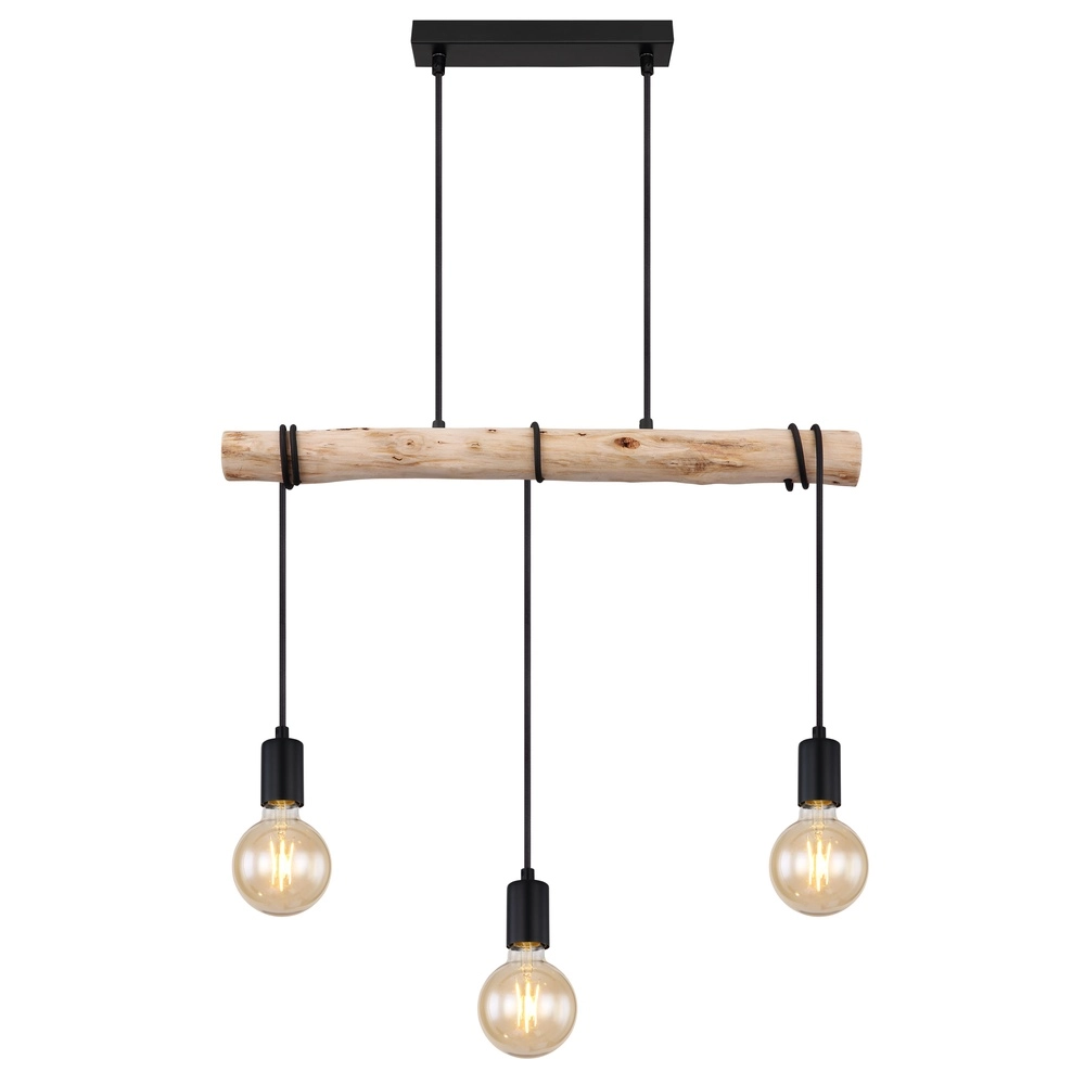 Lampe suspendue de table à manger à 3 lumières Gregor noir avec bois Globo 9007371436330