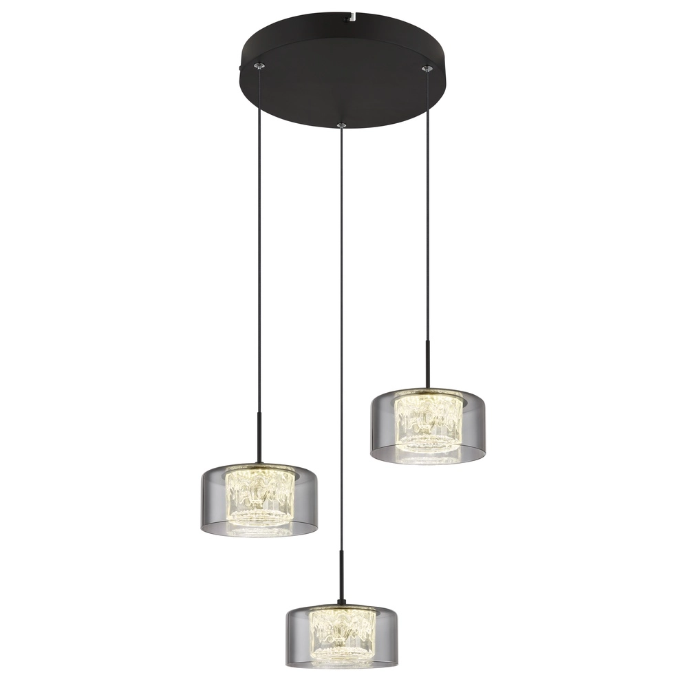 Lampe pendante de conception Fogsy Noir à 3 lumières avec verre fumé