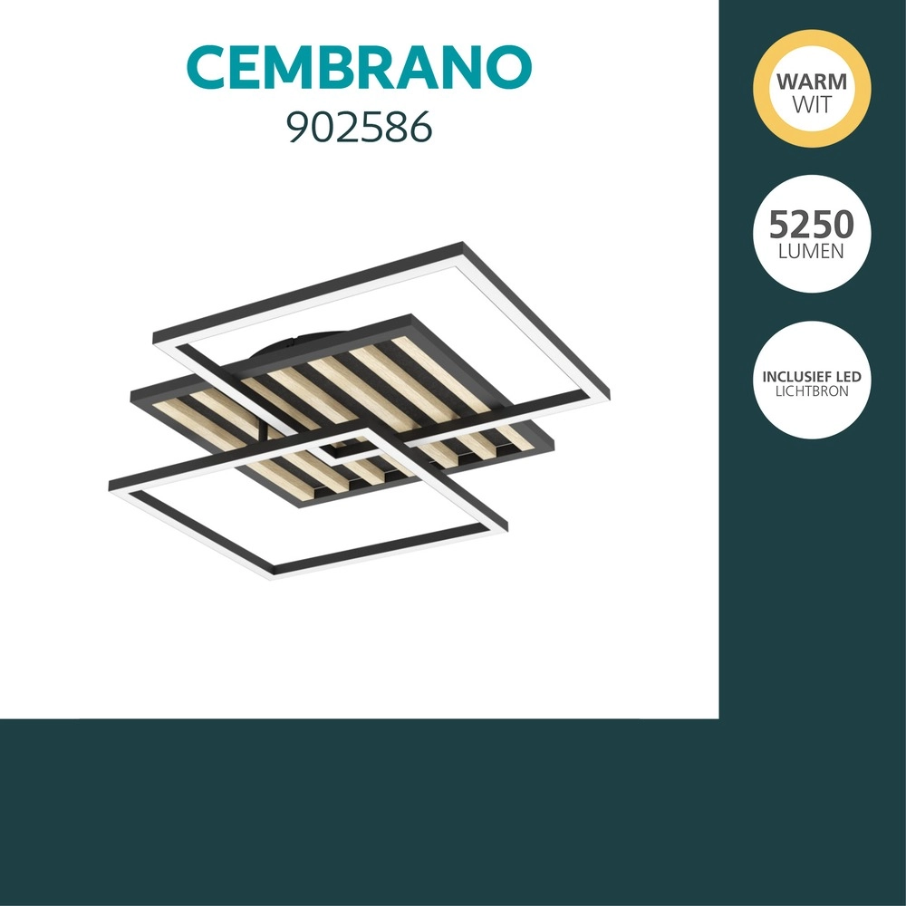 Lampe de plafond moderne Cembrano Carré noir avec bois Eglo 9008606388127