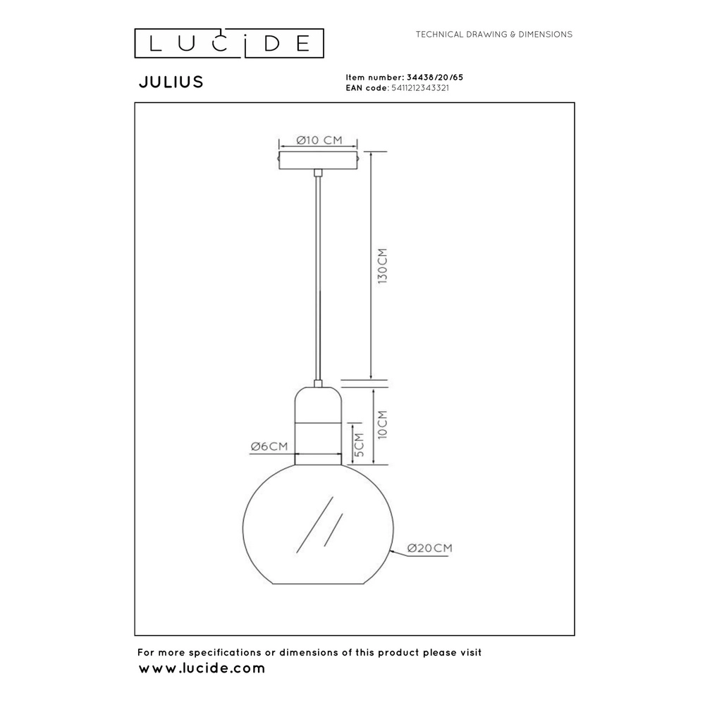 Lampe suspendue Julius Ø verre fumé de 20 cm Lucide 5411212343321
