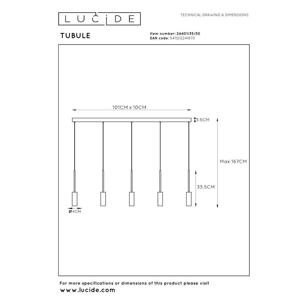 Lampe pendante à 5 lumières Tubule Noir Lucide 5411212241870