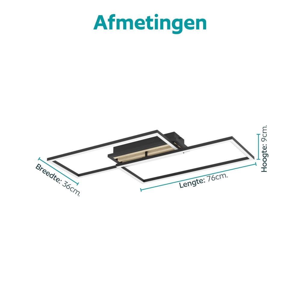 Lampe de plafond moderne Cembrano Rectangle noir avec bois Eglo 9008606388110