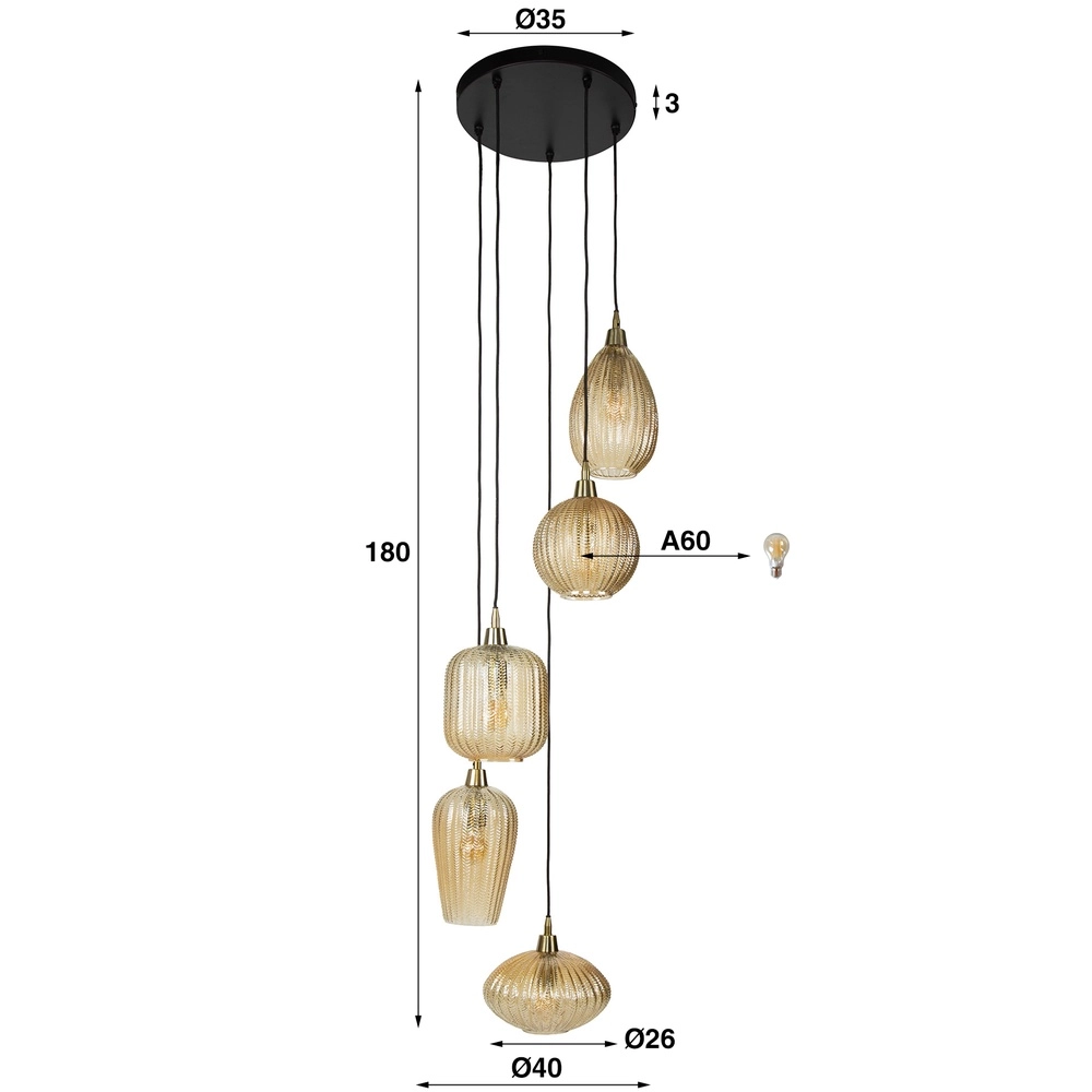 Lampe pendante de salle à manger V-Shape 5 lumières - verre nervuré Lyora 8716803511156