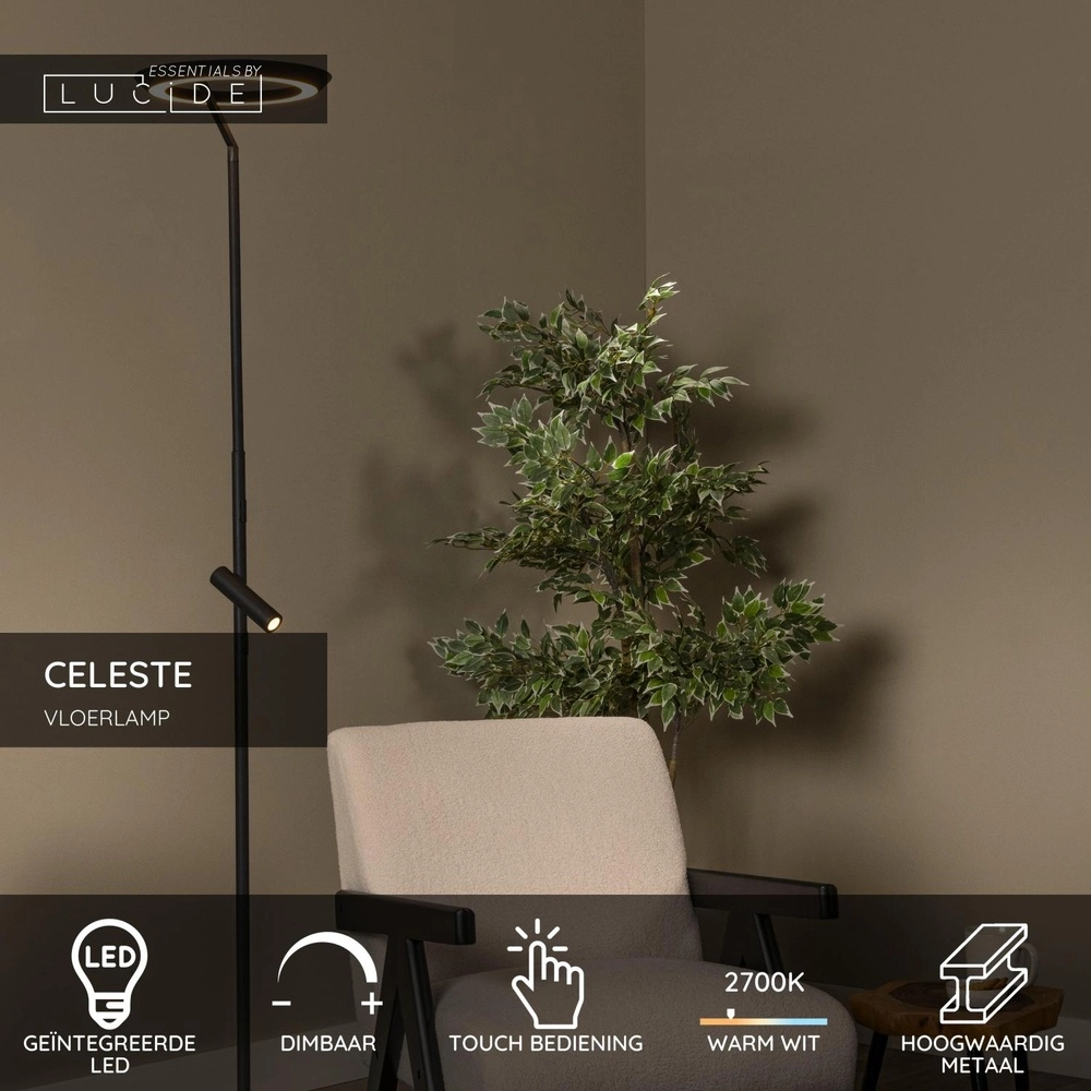 Lampadaire de conception Celeste noir Ø 28cm avec lumière de lecture Lucide 5411212032263