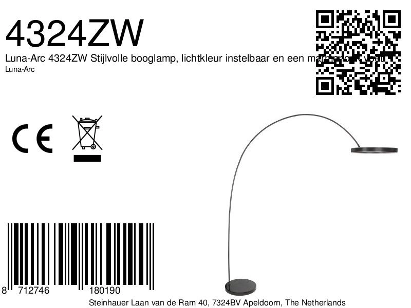 Lampe à arc moderne Luna-Arc Noir Steinhauer 8712746180190