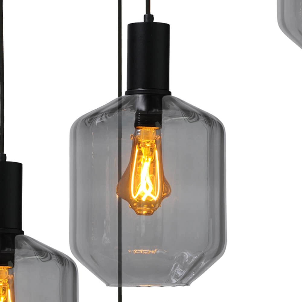 Suspension loft 5 lumières - noire - Porto avec des verres à fumée Jagger Masterlight 8718121271149