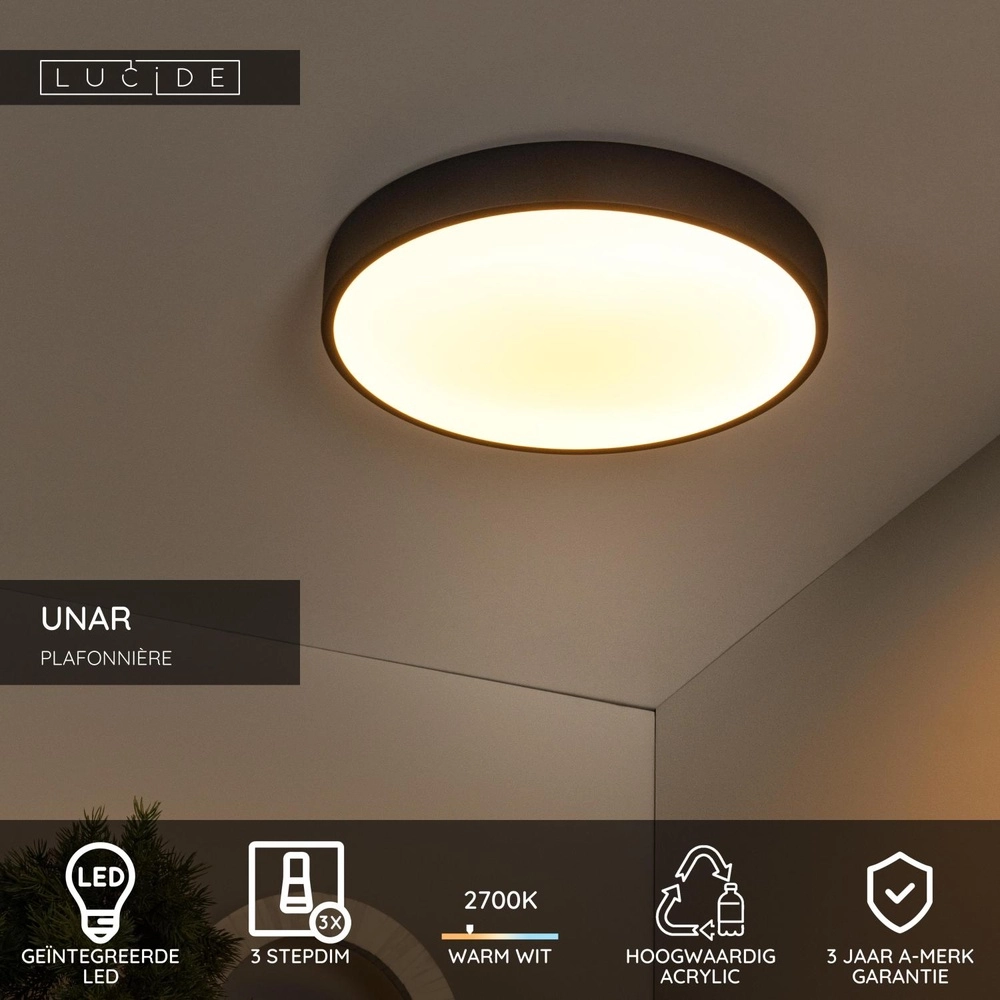 Éclairage de plafond Unar Ø 39,5cm - 2700K - noir Lucide 5411212791894