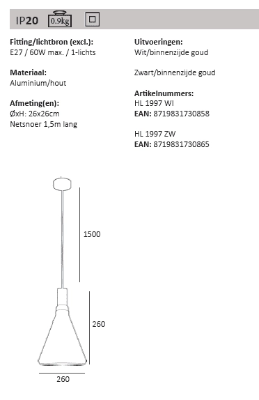Lampe suspendue Cornet Ø 26 cm Artdelight 8719831730865