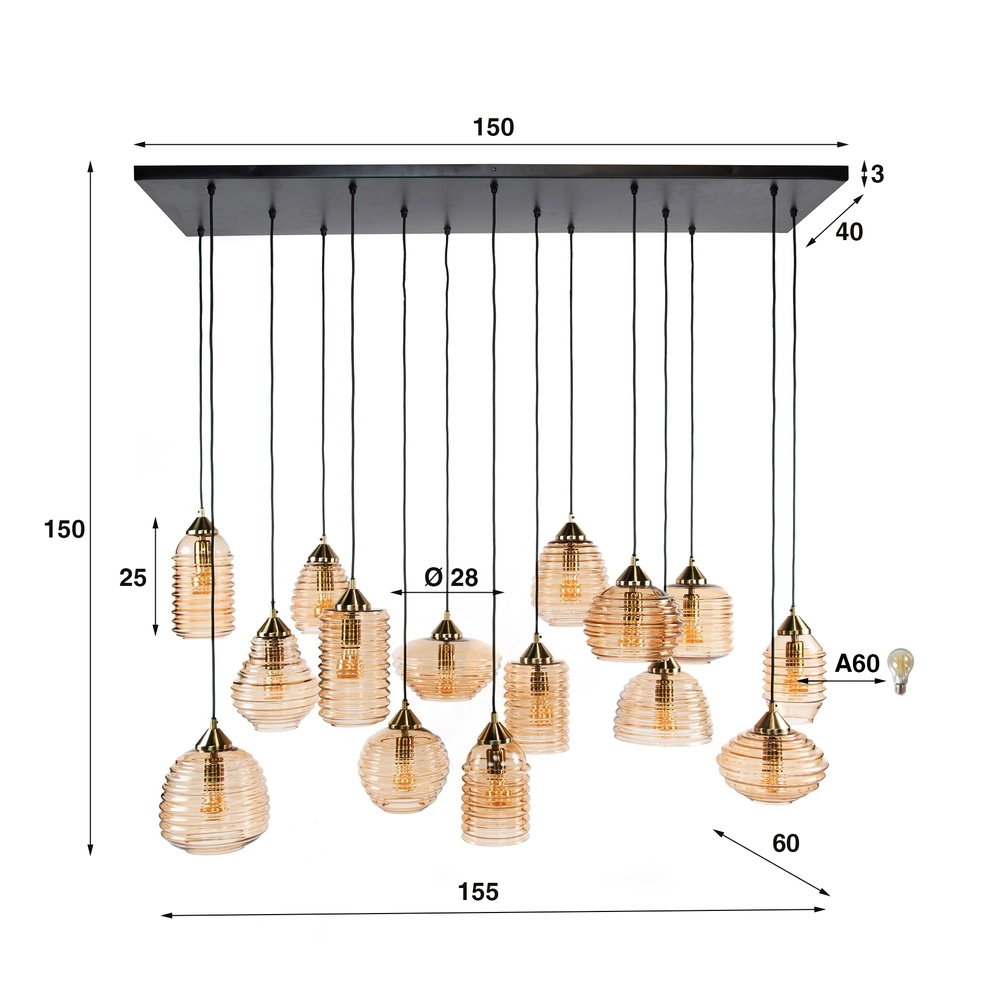 Lampe suspendue à 15 lumières Rib Verre nervuré Lyora 8716803511132