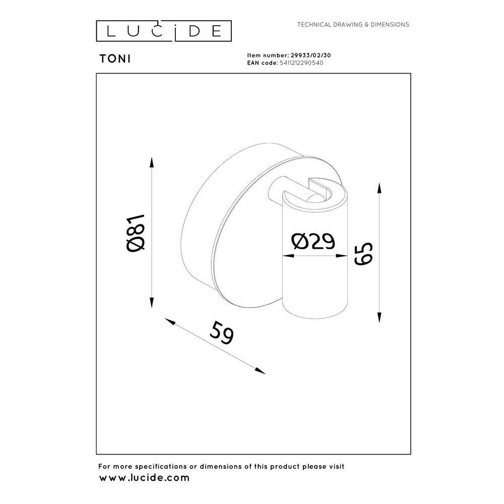 Lampe murale rechargeable Toni Noir magnétique Lucide 5411212290540