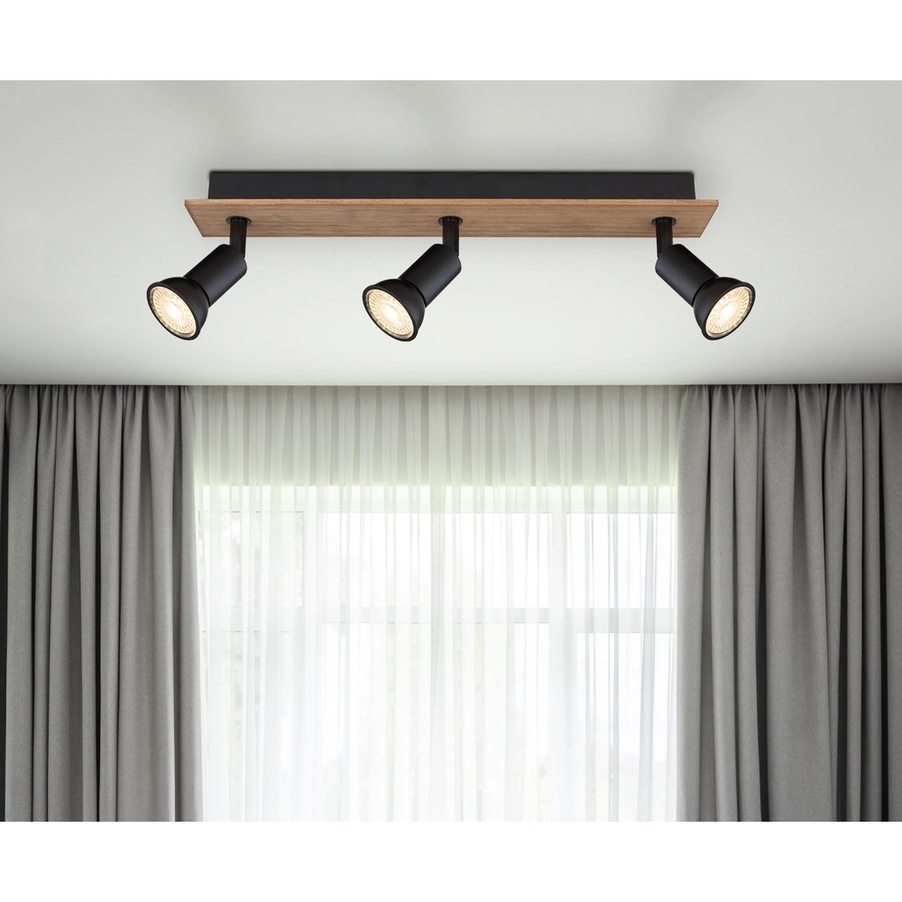 Projecteur de plafond Drew noir avec 3 lumières en bois Globo 9007371433780