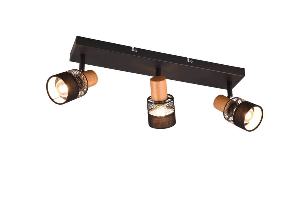 Spot en saillie 3 lumières Nandini noir avec du bois Spot en saillie 3 lumières Nandini noir avec du bois