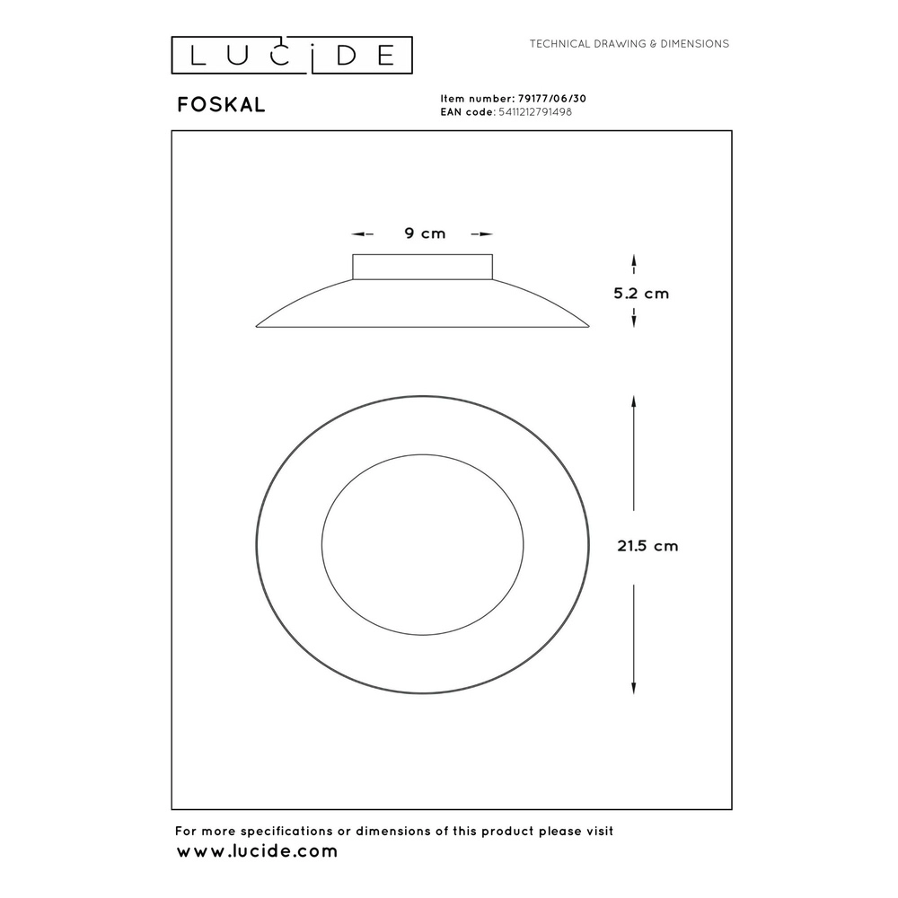 Lampe de plafond Foskal Ø 21,5 cm noir Lucide 5411212791498