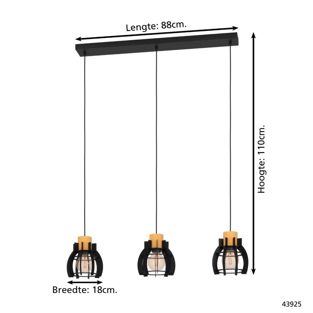 Lampe suspendue 3 lumières Stillington 1 noir avec du bois Eglo 9002759439255
