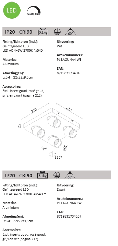 Spot en saillie à 4 lumières Laguna LED Artdelight 8719831734207