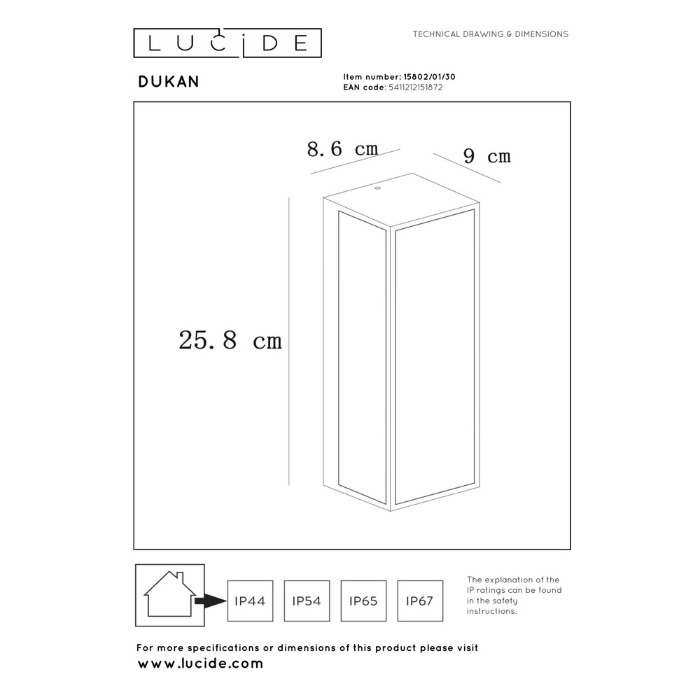 Lampe murale de conception Dukan Simple noir IP65 Lucide 5411212151872