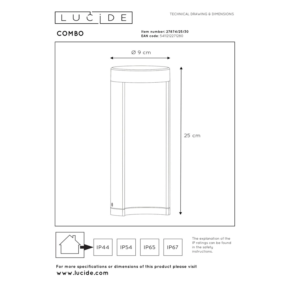 Éclairage de voie de conception Combo 25 cm noir Lucide 5411212271280