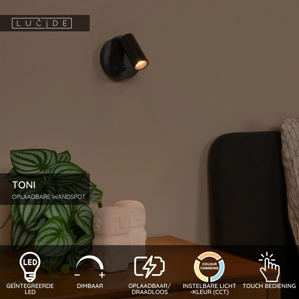 Lampe murale rechargeable avec capteur Toni Noir magnétique Lucide 5411212290571